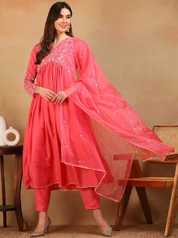 Women's Pink Silk Blend Embroidered A-Line Kurta Pant Set With Dupatta - Ahika Casual Skinny Fit Pants Women's Pink Silk Blend Embroidered A-Line Kurta Pant Set With Dupatta - Ahika Casual Skinny Fit Pants