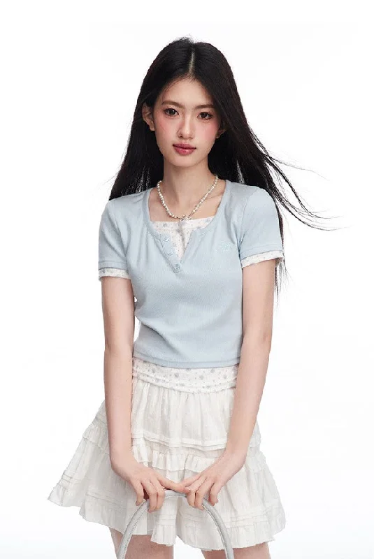 Small Ribbed Floral Fake Two-piece Short-sleeved Knit/Skirt NTO0089 low waist skirt