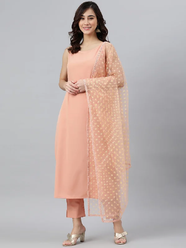 Women's Peach Poly Crepe Solid Kurta With Pant And Dupatta - Janasya Modern Skinny Pants Women's Peach Poly Crepe Solid Kurta With Pant And Dupatta - Janasya Modern Skinny Pants