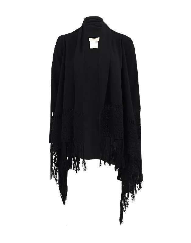 Drapey Tassel Trim Cardigan Welt Pockets Slit Pockets Flap Pockets