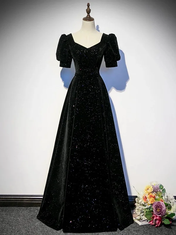 Black A-line Velvet Long Prom Dress Party Dress, Black Short Sleeves Prom Dress Tunics Short Trendy Black A-line Velvet Long Prom Dress Party Dress, Black Short Sleeves Prom Dress Tunics Short Trendy