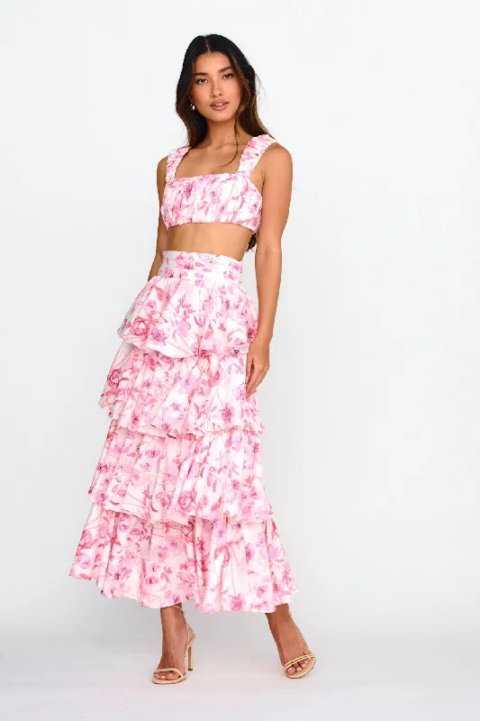 Suenito Tiered Frill Maxi Skirt Floral Pink zip skirt side