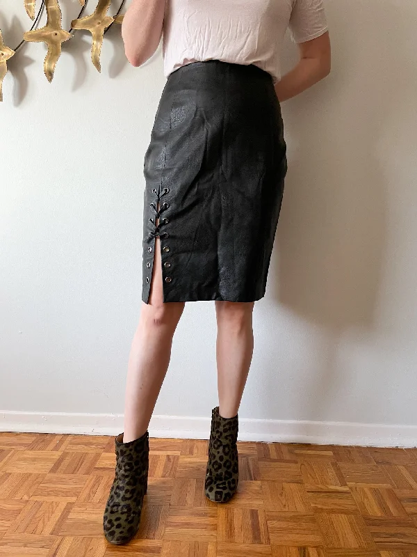 MinkPink Black Knight Lace Up Faux Leather Skirt - M/L denim skirt classic