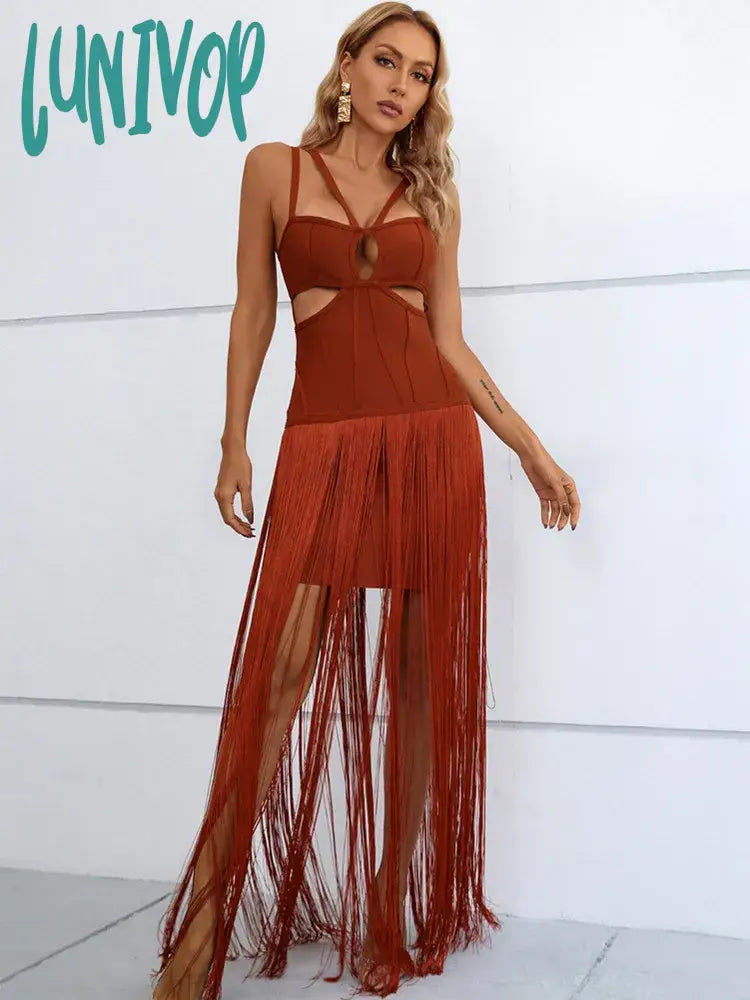Lunivop Women Knitted Maxi Tassel Bandage Brown Black Evening Dress Vestidos De Fiesta Elegantes Para Mujer Cocktail Party Dresses Tunics Favorite customer