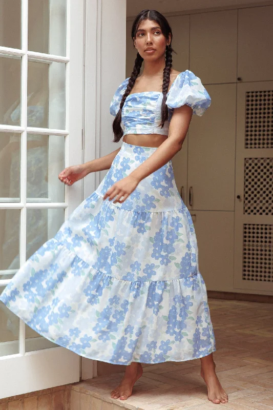 The Moment Maxi Skirt Floral Blue tiered skirt playful