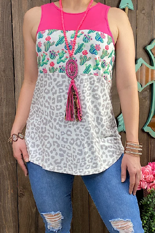 GJQ12991 Pink cactus leopard printed tank top crossback tank top