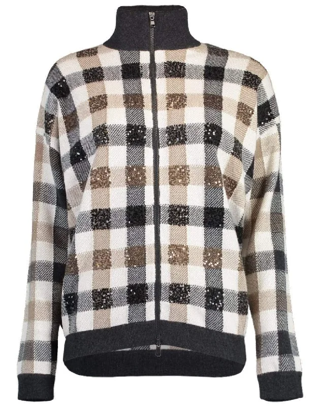Onyx and White Paillette Check Zip Front Cardigan Iron Safe Non-Iron Wrinkle Free