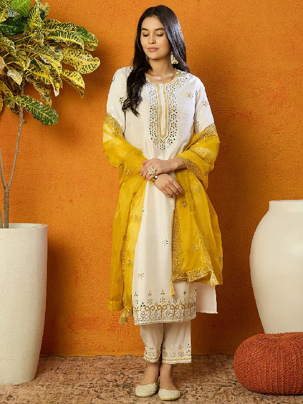 Women's White Silk Blend Embroidered Straight Kurta Pant Set With Dupatta - Ahika Cozy Lounge Pants Women's White Silk Blend Embroidered Straight Kurta Pant Set With Dupatta - Ahika Cozy Lounge Pants