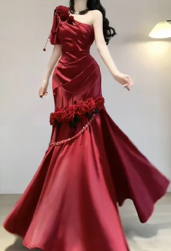 Wine Red Rose One Shoulder Mermaid Long Party Dress Birthday Dress, DP3076 Tunics Fashionable trendy Wine Red Rose One Shoulder Mermaid Long Party Dress Birthday Dress, DP3076 Tunics Fashionable trendy