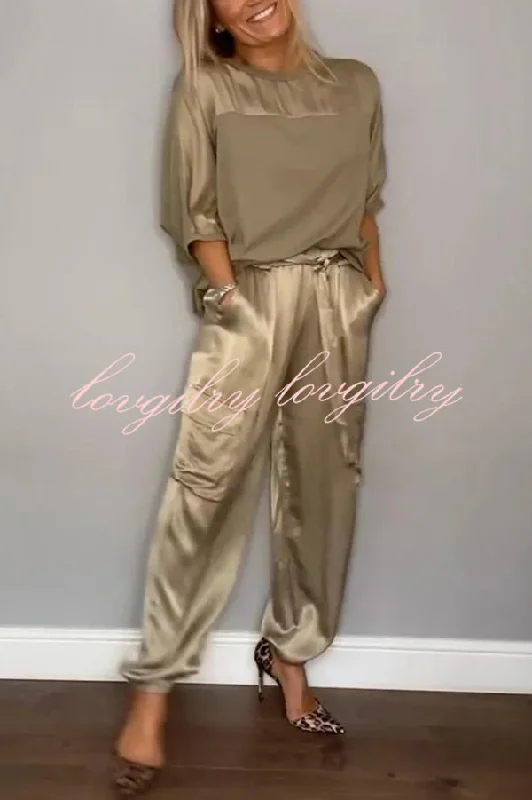 Calissa Smooth Satin Half-sleeved Top and Elastic Waist Pocket Pants Set Comfortable Pleated Pants Calissa Smooth Satin Half-sleeved Top and Elastic Waist Pocket Pants Set Comfortable Pleated Pants