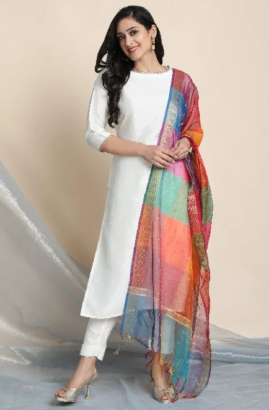 Women's Off-White Poly Silk Kurta With Pant And Dupatta-Janasya Stylish Elastic Waist Pants Women's Off-White Poly Silk Kurta With Pant And Dupatta-Janasya Stylish Elastic Waist Pants