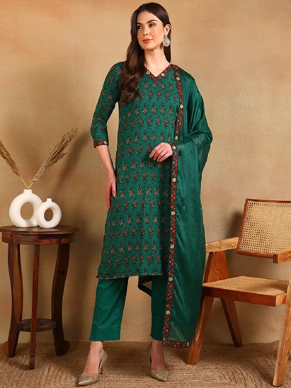 Women's Green Viscose Rayon Printed Straight Kurta Pant Set With Dupatta - Ahika Classic Stretch Pants Women's Green Viscose Rayon Printed Straight Kurta Pant Set With Dupatta - Ahika Classic Stretch Pants