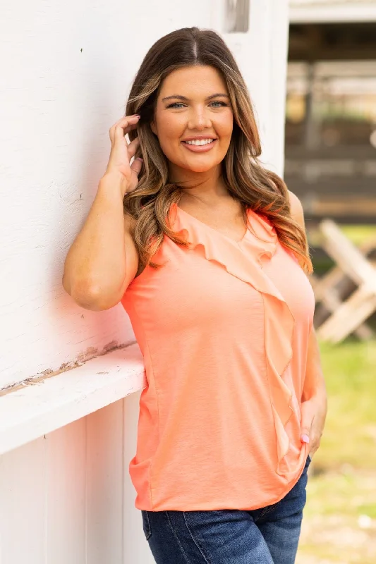 Neon Coral Tank With Front Ruffle Detail open back tank