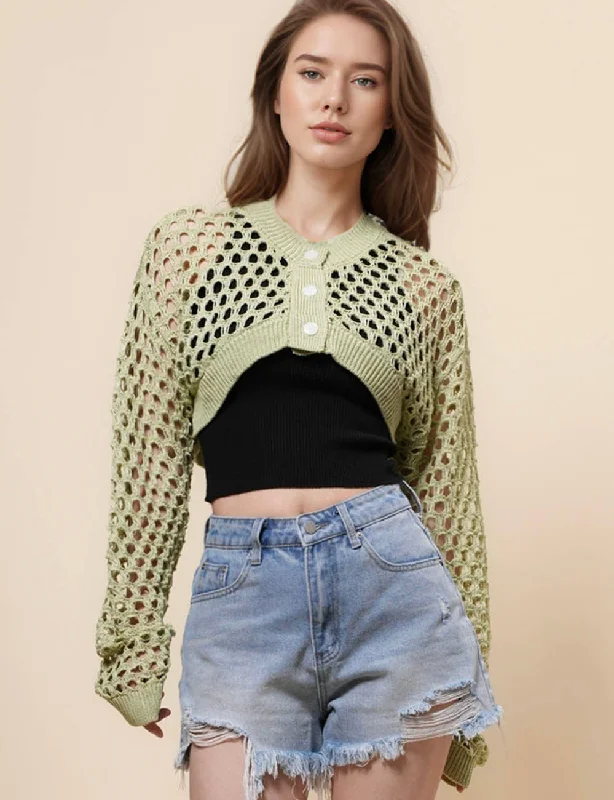 Ladies Hallow Out Knit Round Neck Crop Cardigan SKT41003 Real Fur Shearling Chenille