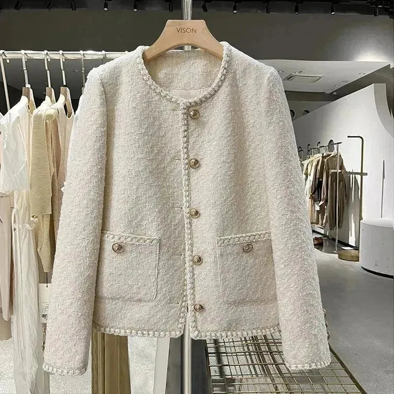 Casual Round Neck Women Tweed Jacket Anorak Shell Jacket Lightweight Jacket