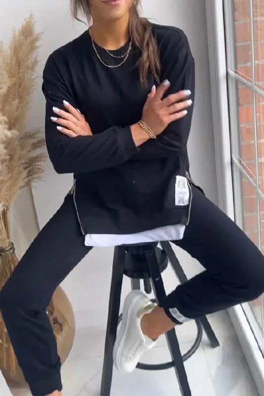 Solid Color Round Neck Long-sleeved Sweatshirt and Elastic Waist Pants Set Cozy Fitted Pants Solid Color Round Neck Long-sleeved Sweatshirt and Elastic Waist Pants Set Cozy Fitted Pants