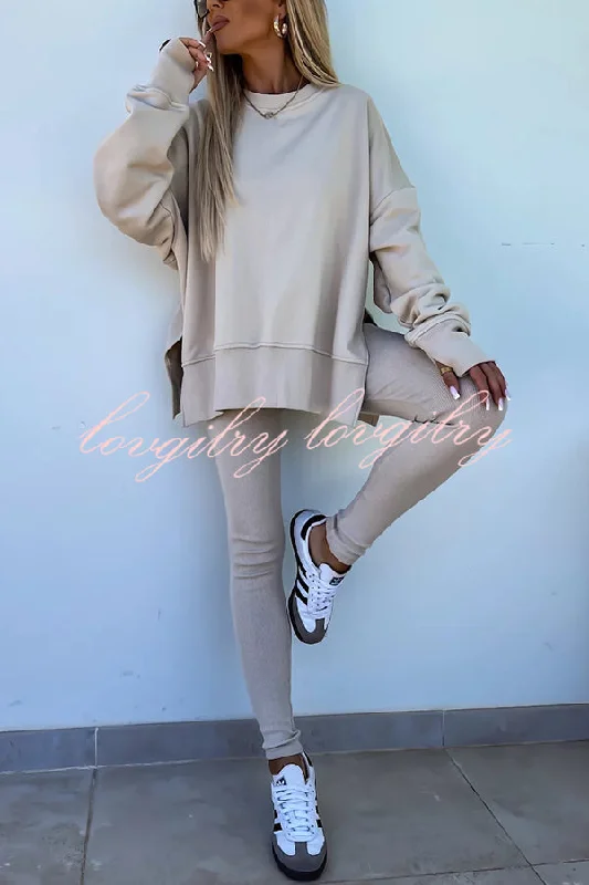 Solid Color Loose Long Sleeve SlitSweatshirt and Elastic Waist Tight Pants Set Trendy Velvet Pants Solid Color Loose Long Sleeve SlitSweatshirt and Elastic Waist Tight Pants Set Trendy Velvet Pants
