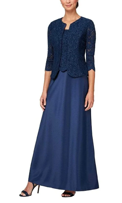 Alex Evenings 81122326 - Lace Embellished Dress With Jacket Notch Collar Peter Pan Collar Cowl Neck Alex Evenings 81122326 - Lace Embellished Dress With Jacket Notch Collar Peter Pan Collar Cowl Neck