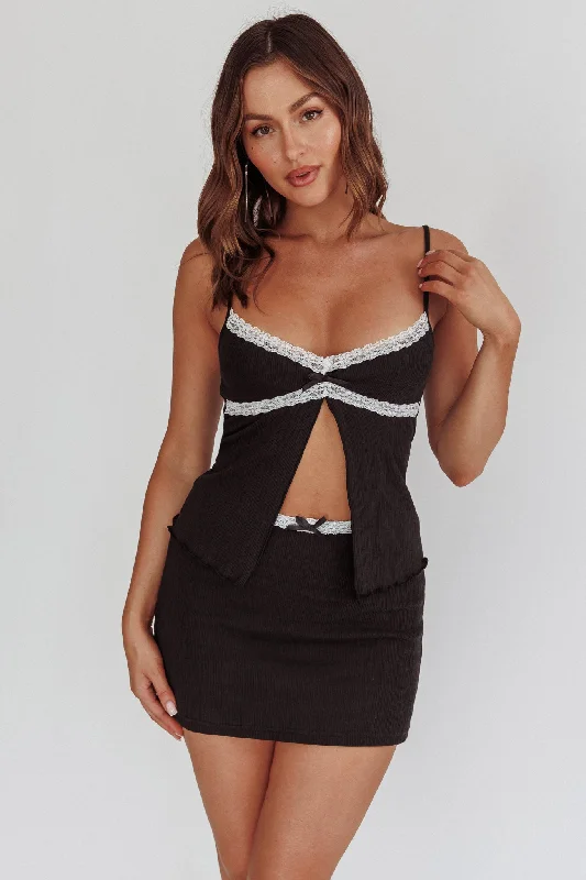 Alayna Lace Trim Ribbed Mini Skirt Black/White corduroy skirt cozy