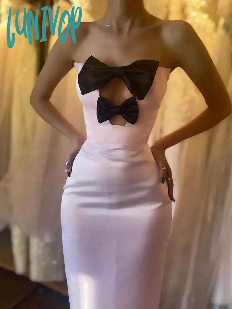 Lunivop Elegant High Quality New Women Bowtie Pink Sexy Hollow Strapless Long Bandage Wedding Birthday Evening Cocktail Party Dresses Tunics Practical easy-care