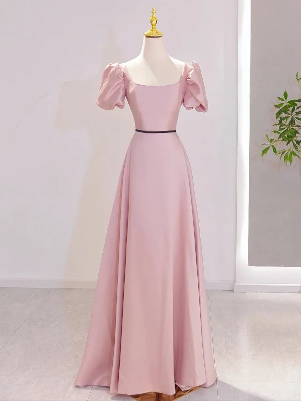 Pink Satin Short Sleeves A-line Party Dress, Pink Satin Prom Dress Tunics Solid Classic Pink Satin Short Sleeves A-line Party Dress, Pink Satin Prom Dress Tunics Solid Classic