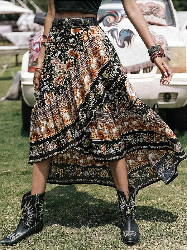 Printed High-Low Ruffle Hem Skirt denim skirt trendy