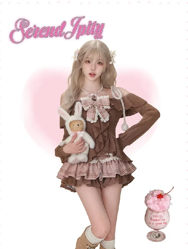 Caramel Cocoa Brown Suit Mink Fur Top/Plaid Skirt SER0090 corduroy skirt comfortable