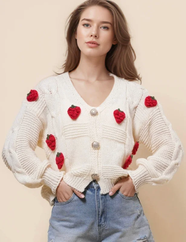 Ladies 3D Knit Strawberry Botton Cardigan SKT41080 Neon metallic Matte