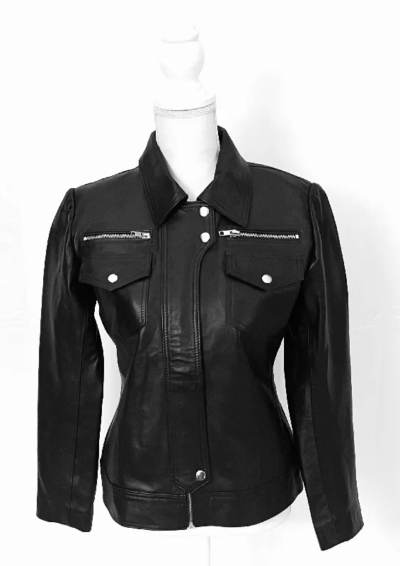 Athena Black Leather Café Jacket Fitted Jacket Loose Jacket Oversized Jacket