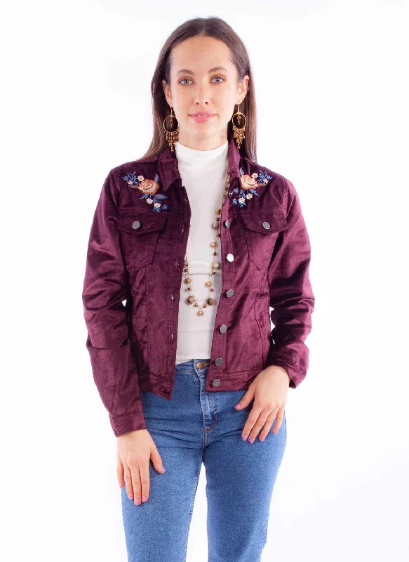 Scully Womens Embroidered Velvet Burgundy Cotton Blend Cotton Jacket Notch Collar Peter Pan Collar Cowl Neck