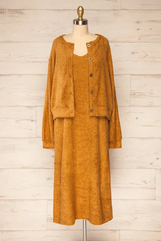 Set Diez Brown | Knitted Midi Dress & Cardigan Mesh Fabric Canvas Fabric Denim Fabric Set Diez Brown | Knitted Midi Dress & Cardigan Mesh Fabric Canvas Fabric Denim Fabric