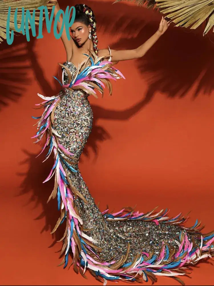 Lunivop Women Summer Sexy Strapless Backless Feather Mesh Sequins Mermaid Maxi Long Dress Elegant Evening Club Party Dress Satin Halter Glamorous Lunivop Women Summer Sexy Strapless Backless Feather Mesh Sequins Mermaid Maxi Long Dress Elegant Evening Club Party Dress Satin Halter Glamorous