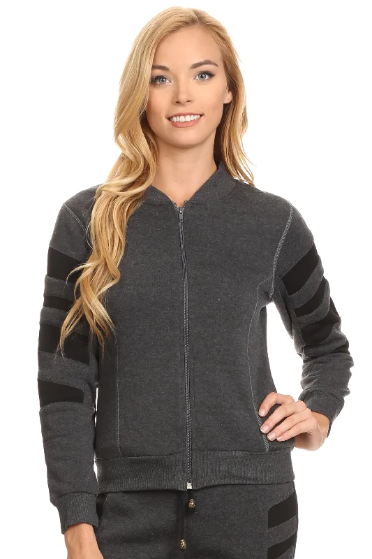 Fleece Lined Striped Zip Up Jacket Fleece Jacket Down Jacket Feather Jacket