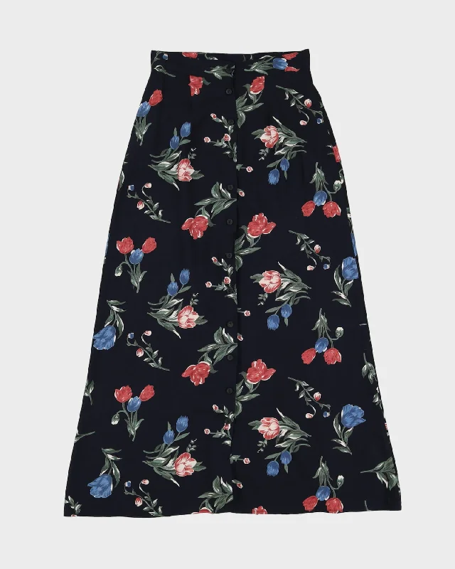 Navy Blue Floral Maxi Skirt - S denim skirt trendy