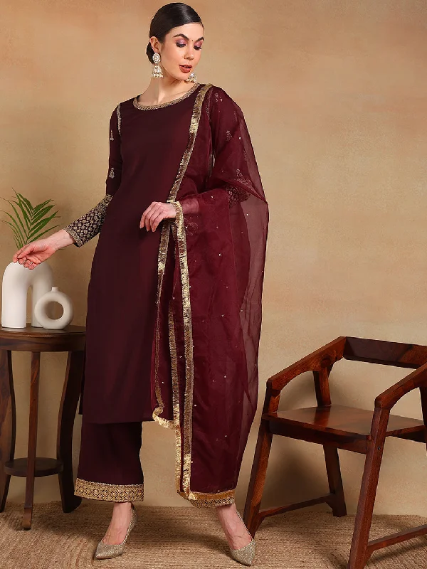 Women's Burgundy Silk Blend Embroidered Straight Kurta Pant Set With Dupatta - Ahika Fashionable Button-Up Pants Women's Burgundy Silk Blend Embroidered Straight Kurta Pant Set With Dupatta - Ahika Fashionable Button-Up Pants
