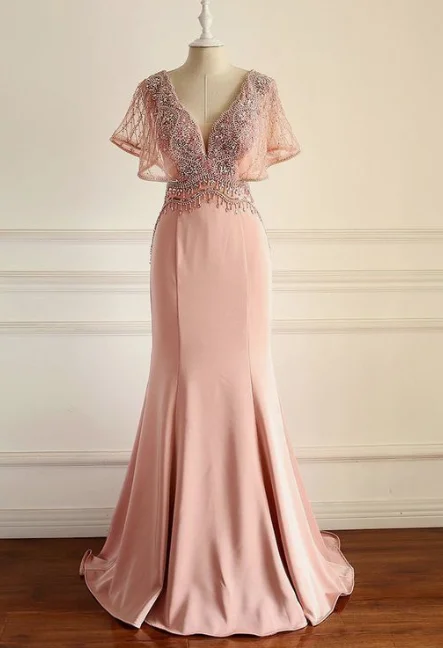 Chic V neck Mermaid Long Prom Dress Pink Beaded Party Dress cg6467 Tunics Trousers formal Chic V neck Mermaid Long Prom Dress Pink Beaded Party Dress cg6467 Tunics Trousers formal