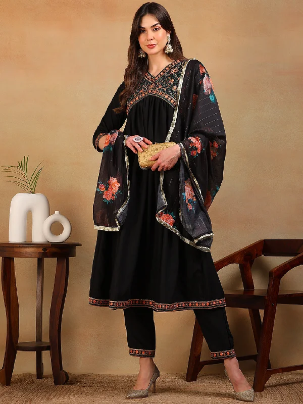 Women's Black Silk Blend Embroidered A-Line Kurta Pant Set With Dupatta - Ahika Classic Pleated Pants Women's Black Silk Blend Embroidered A-Line Kurta Pant Set With Dupatta - Ahika Classic Pleated Pants