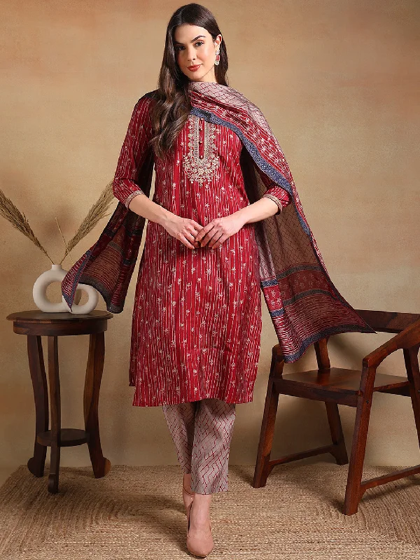 Women's Maroon Silk Blend Embroidered Straight Kurta Pant Set With Dupatta - Ahika Trendy Work Pants Women's Maroon Silk Blend Embroidered Straight Kurta Pant Set With Dupatta - Ahika Trendy Work Pants