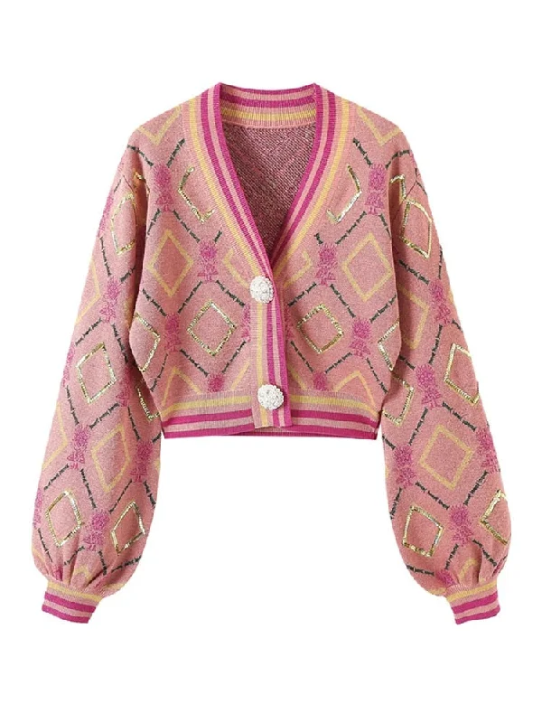 Pink Lady's Cropped Knitted Cardigan Polka Dot Checkered Tartan