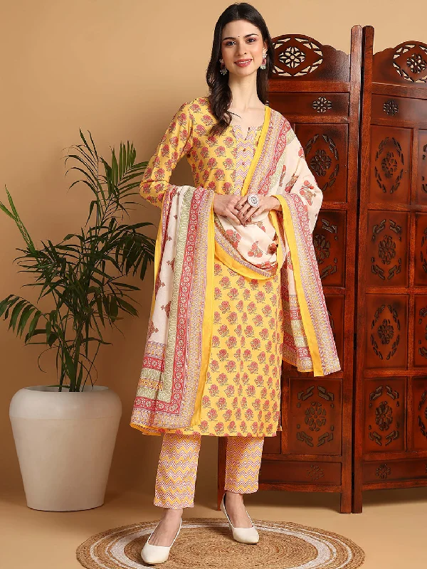 Women's Yellow Viscose Rayon Printed Straight Kurta Pant Set With Dupatta - Ahika Fashionable Button-Up Pants Women's Yellow Viscose Rayon Printed Straight Kurta Pant Set With Dupatta - Ahika Fashionable Button-Up Pants