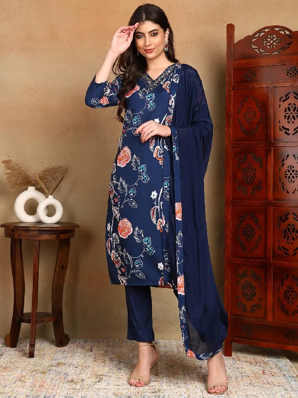 Women's Blue Cotton Blend Printed Straight Kurta Pant Set With Dupatta - Ahika Classic Pleated Pants Women's Blue Cotton Blend Printed Straight Kurta Pant Set With Dupatta - Ahika Classic Pleated Pants