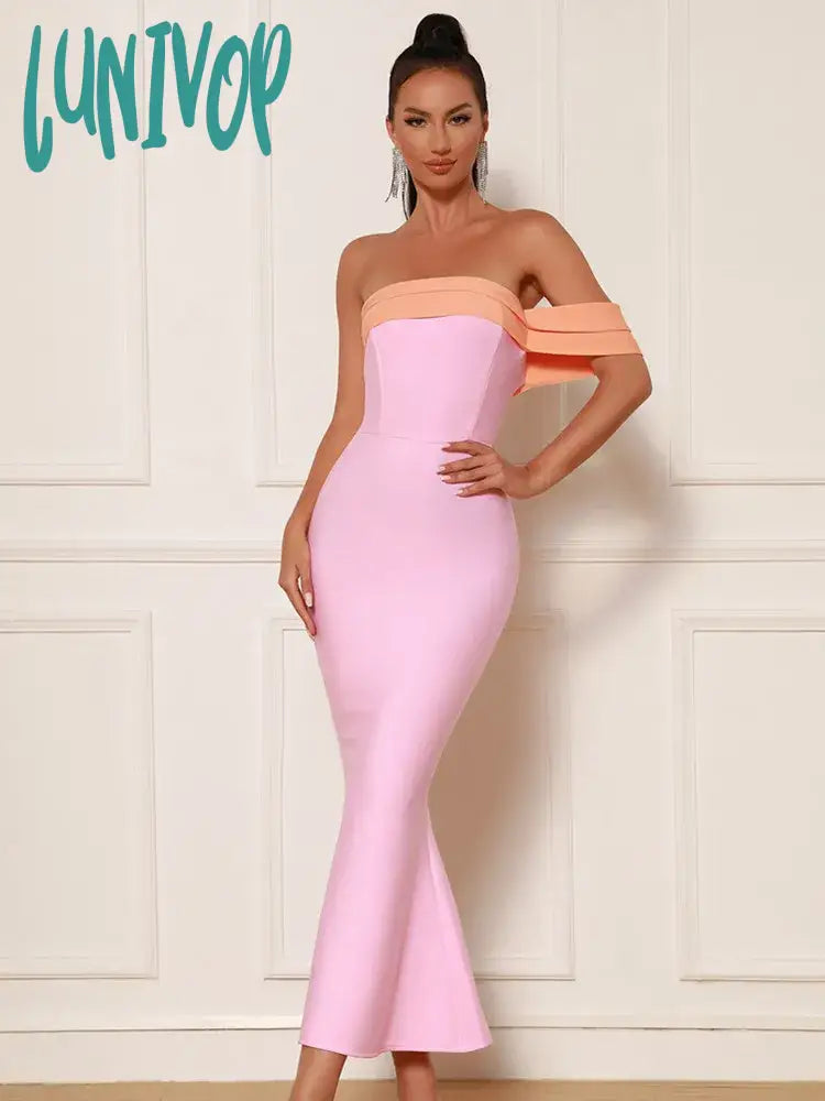 Lunivop New Women Summer Sexy Off Shoulder Patchwork Pink Mermaid Ankle Length Bandage Dress Elegant Evening Celebrity Party Dress Tunics Top rated Lunivop New Women Summer Sexy Off Shoulder Patchwork Pink Mermaid Ankle Length Bandage Dress Elegant Evening Celebrity Party Dress Tunics Top rated