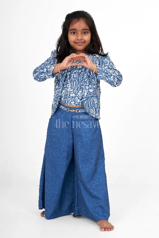 Elegant Girls Wedding Sharara Dress in Blue with Printed Blazer and Flowing Palazzo Pants Stretch Fit Pants