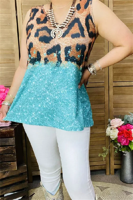 XCH15206 Leopard&Turquoise printed sleeveless women tank tops loose fit tank