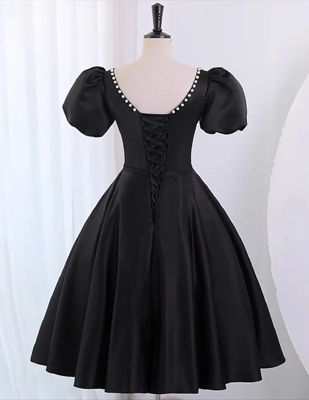 Black Satin Short Sleeves Knee Length Party Dress, Black Homecoming Dress Tunics Hiking breathable Black Satin Short Sleeves Knee Length Party Dress, Black Homecoming Dress Tunics Hiking breathable