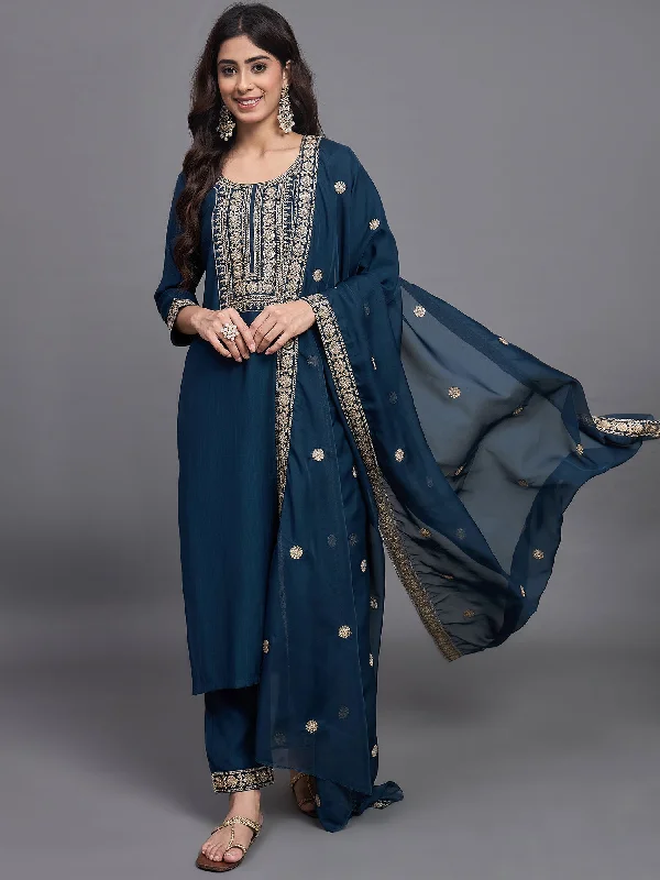 Women's Morepeach Silk Embroidered Kurta And Pant Set With Dupatta - Alvami Wide-Legged Palazzos Women's Morepeach Silk Embroidered Kurta And Pant Set With Dupatta - Alvami Wide-Legged Palazzos
