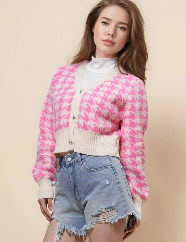 Ladies Color Block V-Neck Botton Closure Cardigan SKT41061 Ribbed Striped Patterned