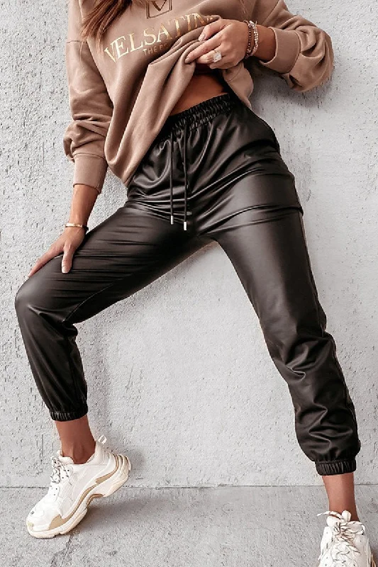WOMEN DRAWSTRING ELASTIC WAIST RIBBED PU PANTS Formal Linen Trousers