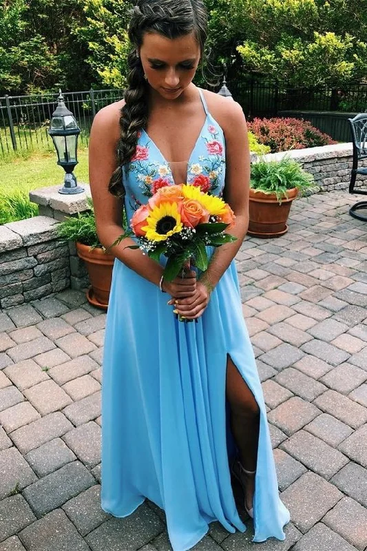 Halter Baby Blue Floral Long Prom Dress with Side Slit, Sexy Evening Party Dress cg3832 Tunics Sophisticated sleek Halter Baby Blue Floral Long Prom Dress with Side Slit, Sexy Evening Party Dress cg3832 Tunics Sophisticated sleek