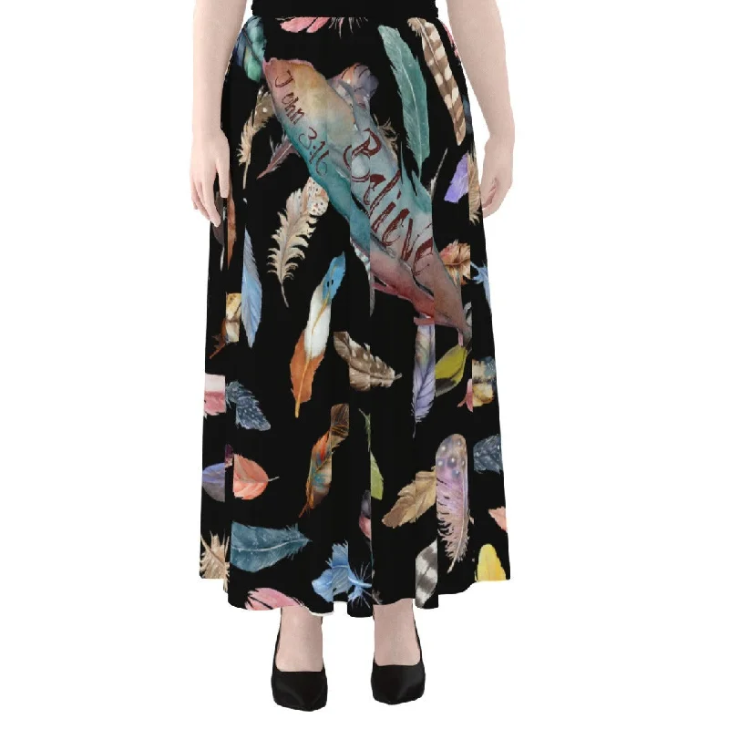 BELIEVE Feather Print Maxi Chiffon Skirt With Lining low waist skirt